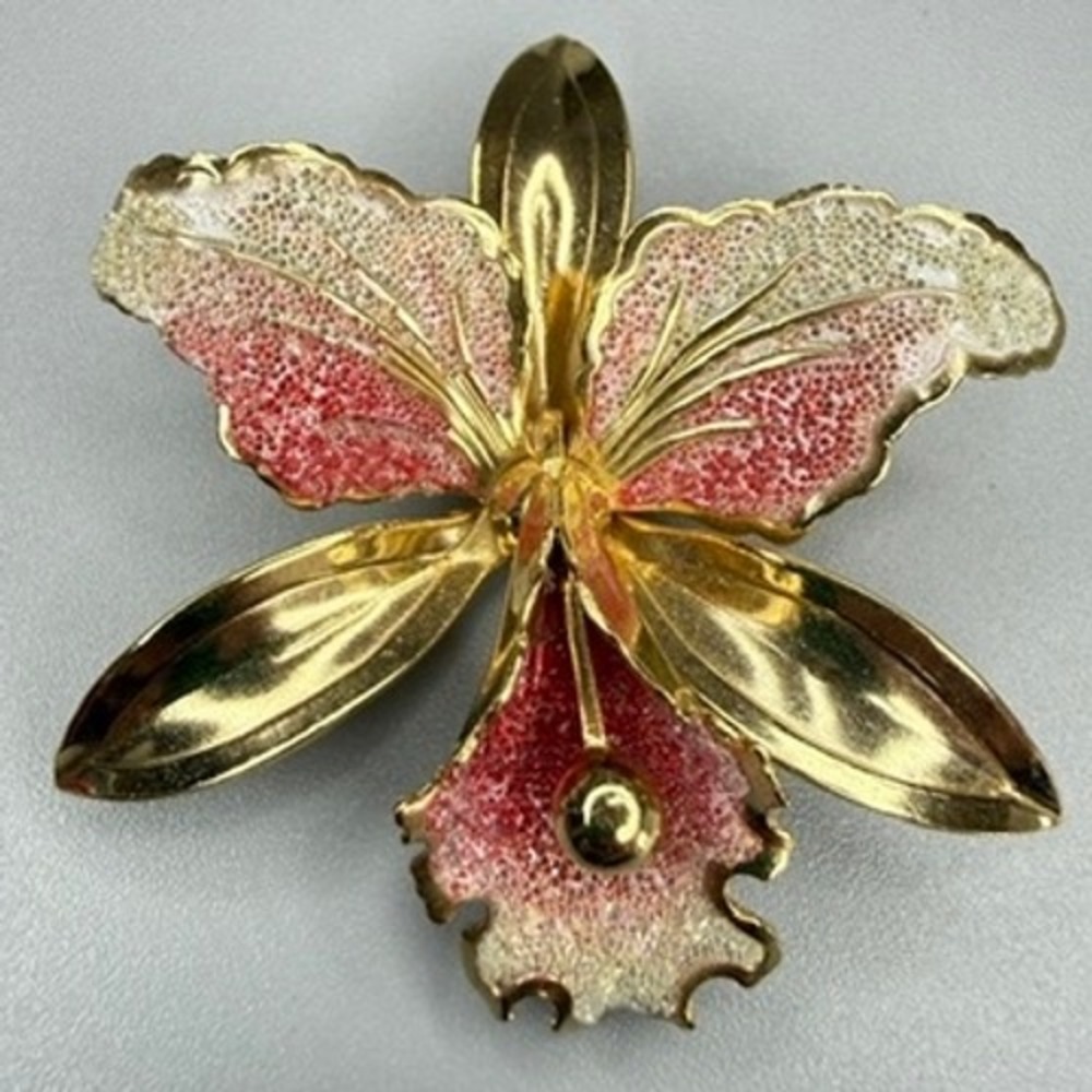 Vintage Gold Tone Sugared Pink and White Enamel Orchid Flower Brooch MCM